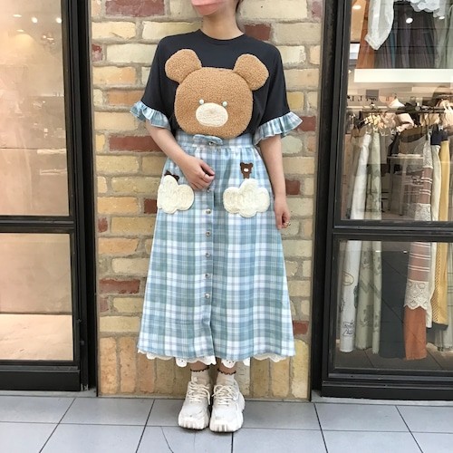 チェック前開き雲くまポケットスカート