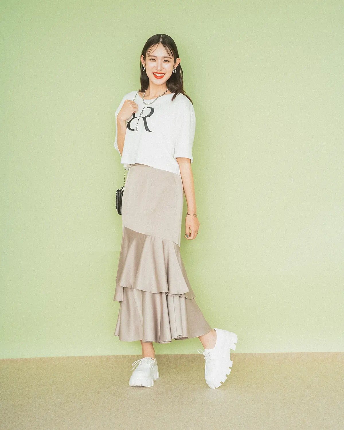 rienda　Rグリッター Tシャツ　アシンメトリーレイヤードマーメイドスカート　 タンクソールボリュームローファー