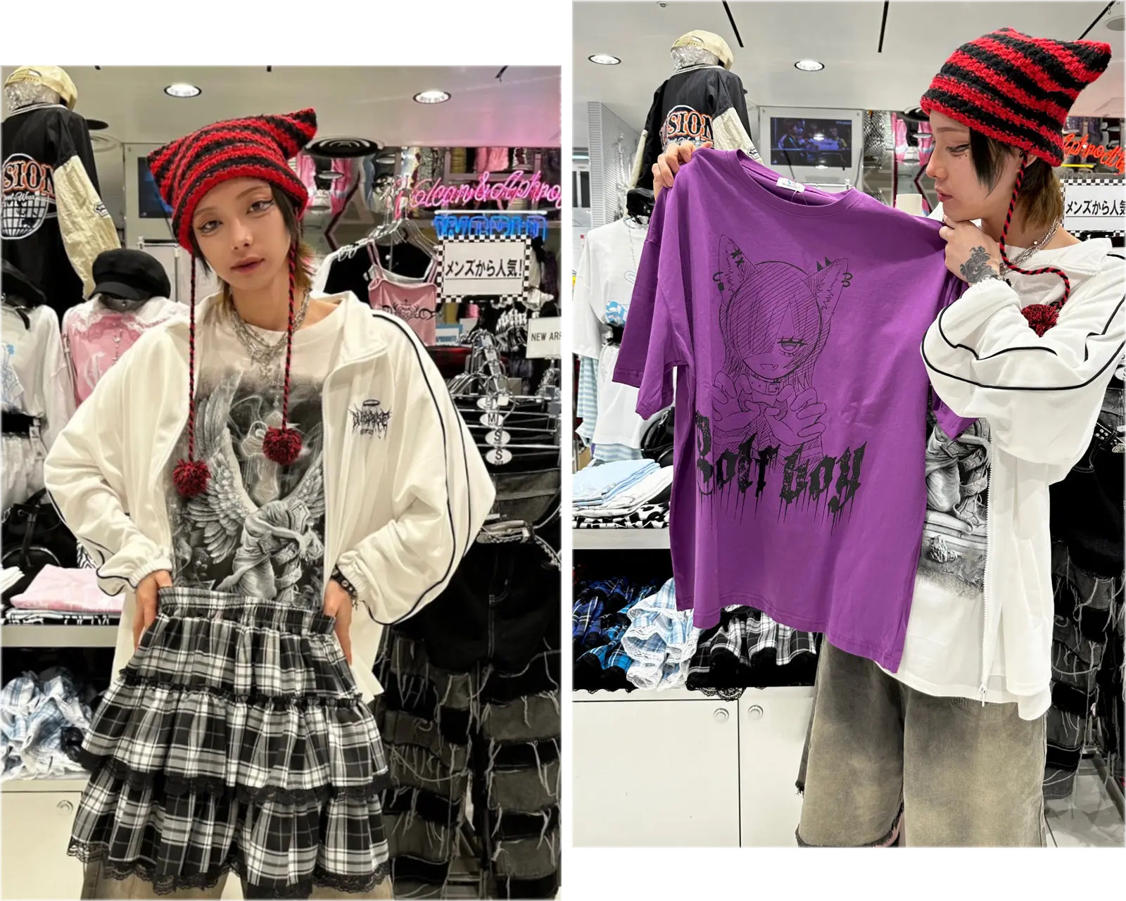 ヴォルカンアンドアフロダイティ　ジャージ　Tシャツ　ハーフデニムパンツ　ネコ耳　ボーダー　スカート　ティアード　サブカル　purple