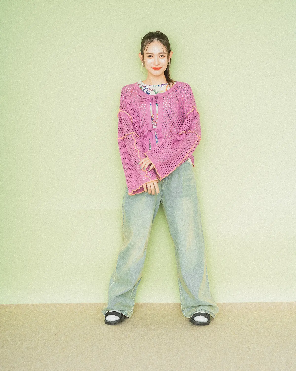 CIAOPANIC　H.S.メッシュリボンカーデ H.S.ハンドペイントシアーtee　オーバーダイカーブデニムパンツ