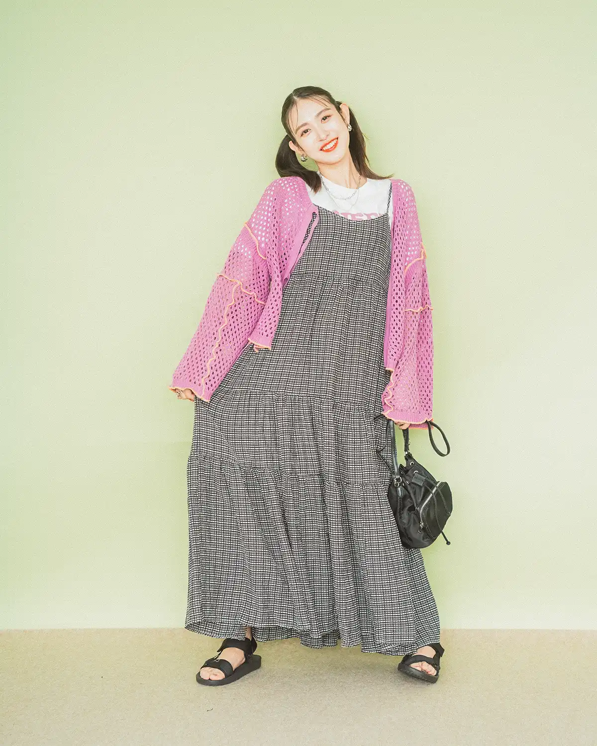 CIAOPANIC　H.S.メッシュリボンカーデ　シアーチェックキャミワンピース　ヴィンテージ加工ロックTシャツ