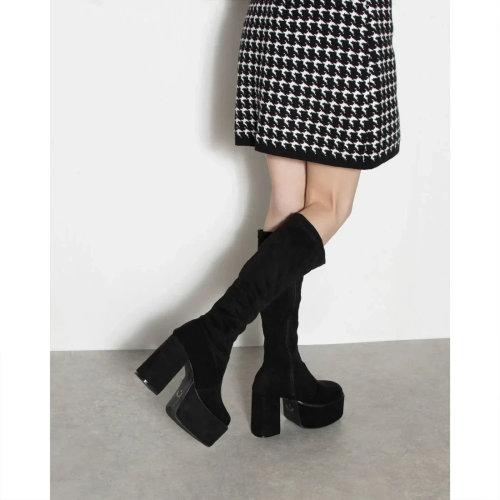 スクエアトゥ厚底ストレッチロングブーツ