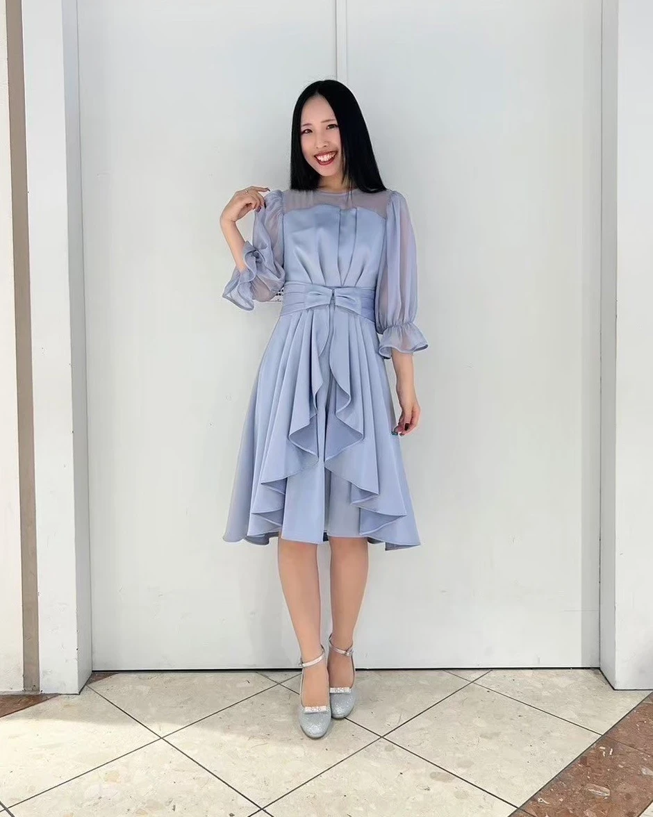 💋デコルテシフォン切替タックフレアドレス💋