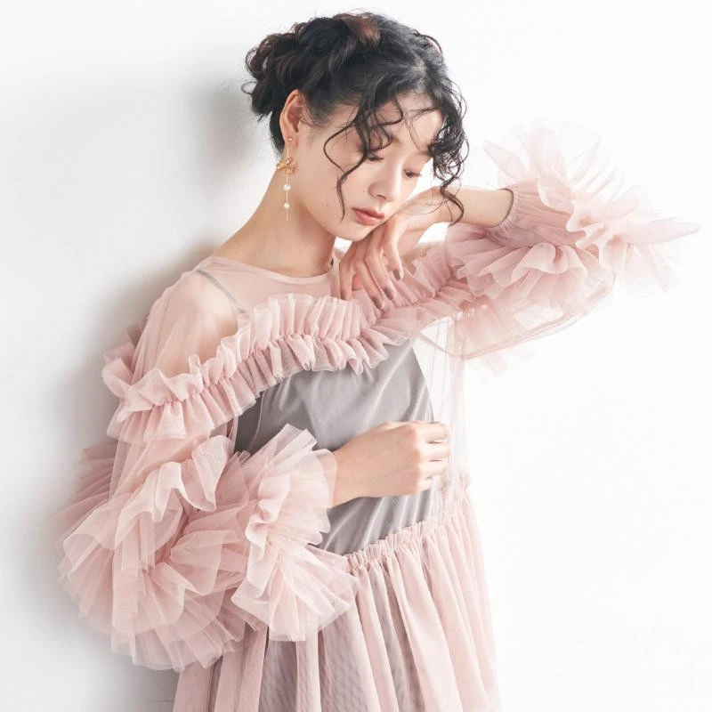 🥰チュールフリルブラウス×シャイニーキャミOP🥰